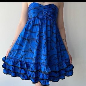 Betsey Johnson cobalt blue Pterodactyl strapless baby doll ruched dress 6 S/M